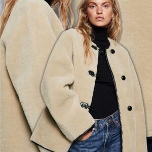 Mango Women's Cream Faux Shearling Toggle Coat NWT